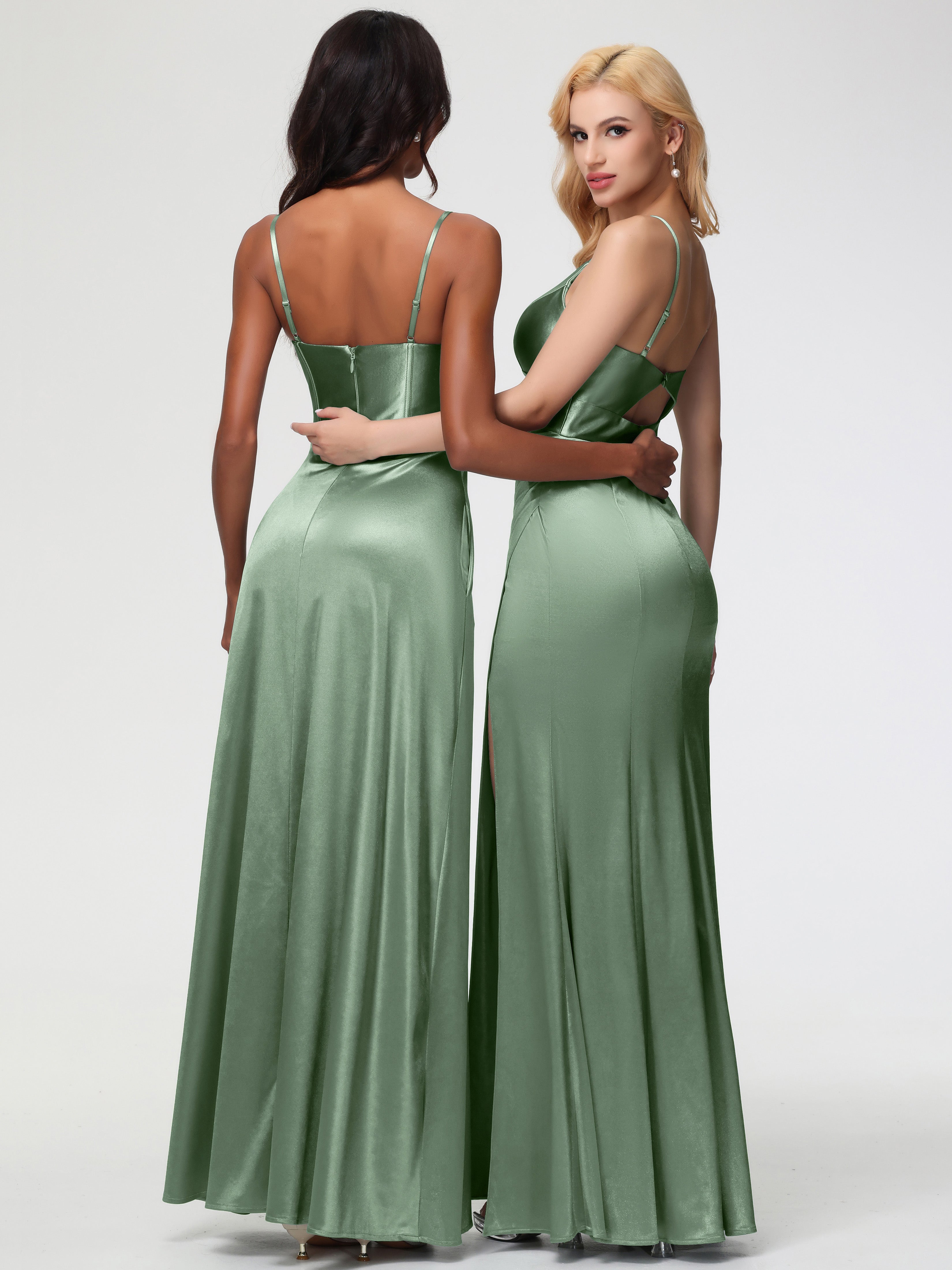 Dusty Sage Green Formal Dresses Spaghetti Straps V-Neck Sheath Stretch Satin Formal Dress With Split