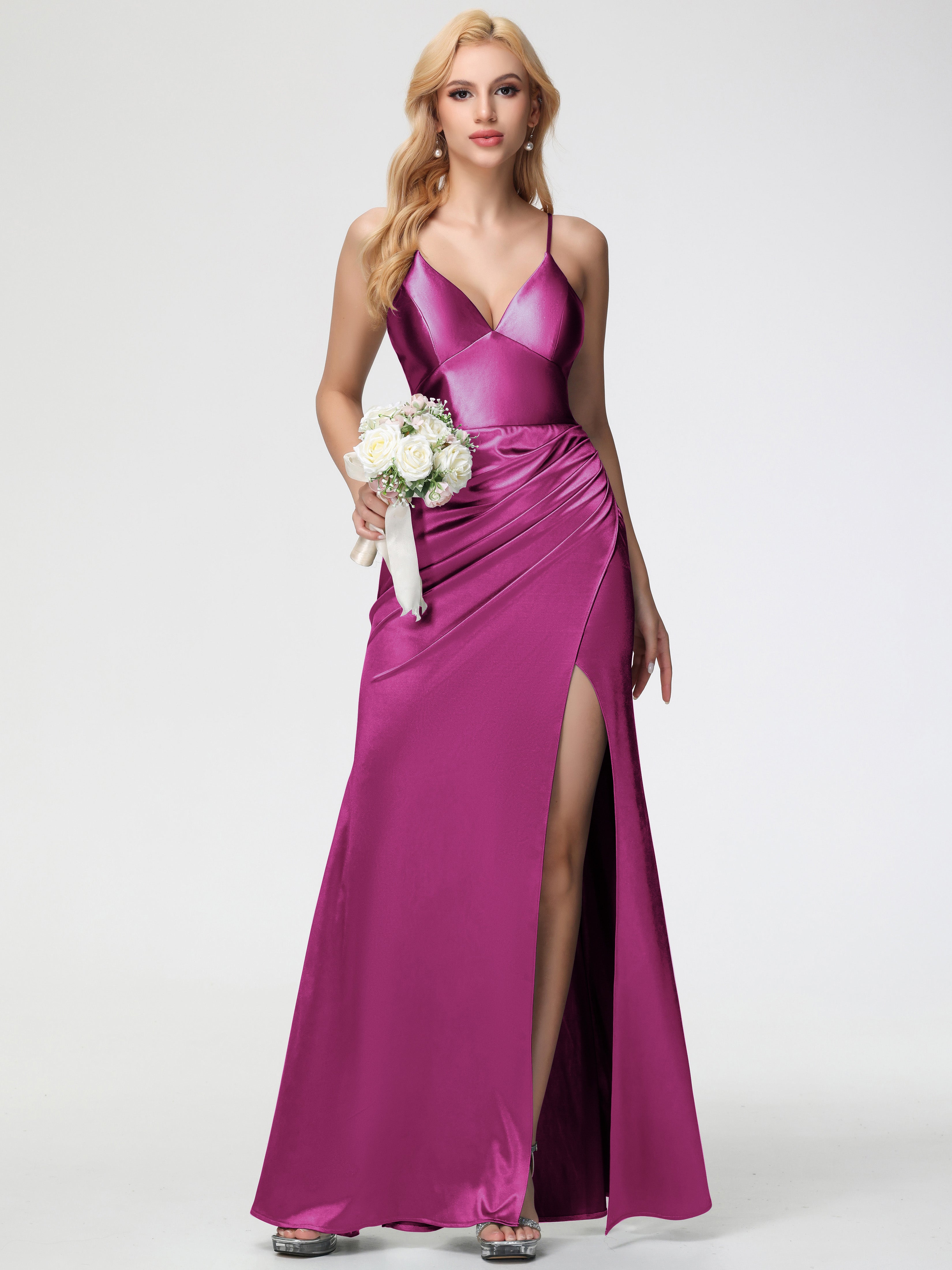 Fuchsia Formal Dresses Spaghetti Straps V-Neck Sheath Stretch Satin Formal Dress With Split