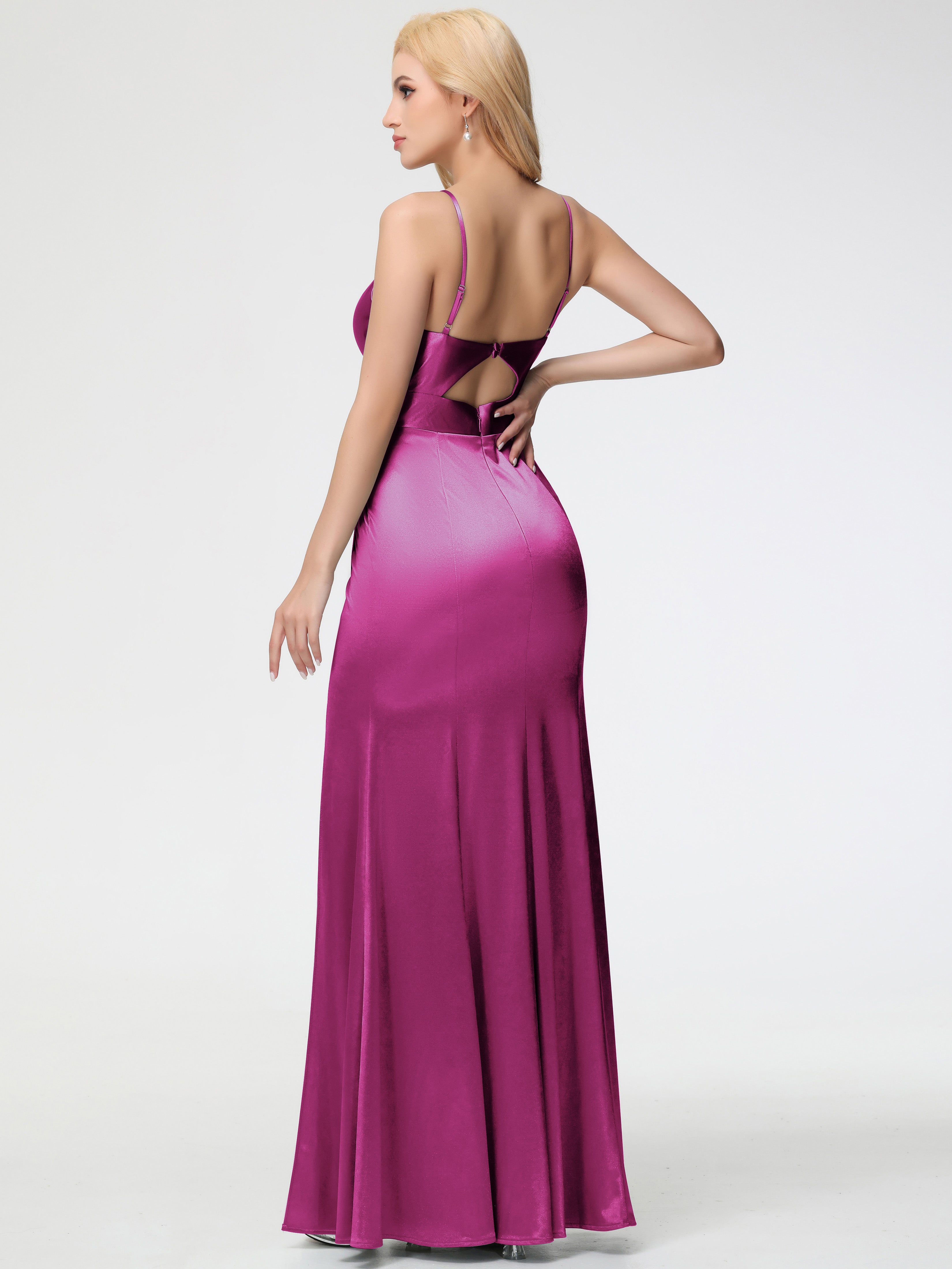 Fuchsia Formal Dresses Spaghetti Straps V-Neck Sheath Stretch Satin Formal Dress With Split
