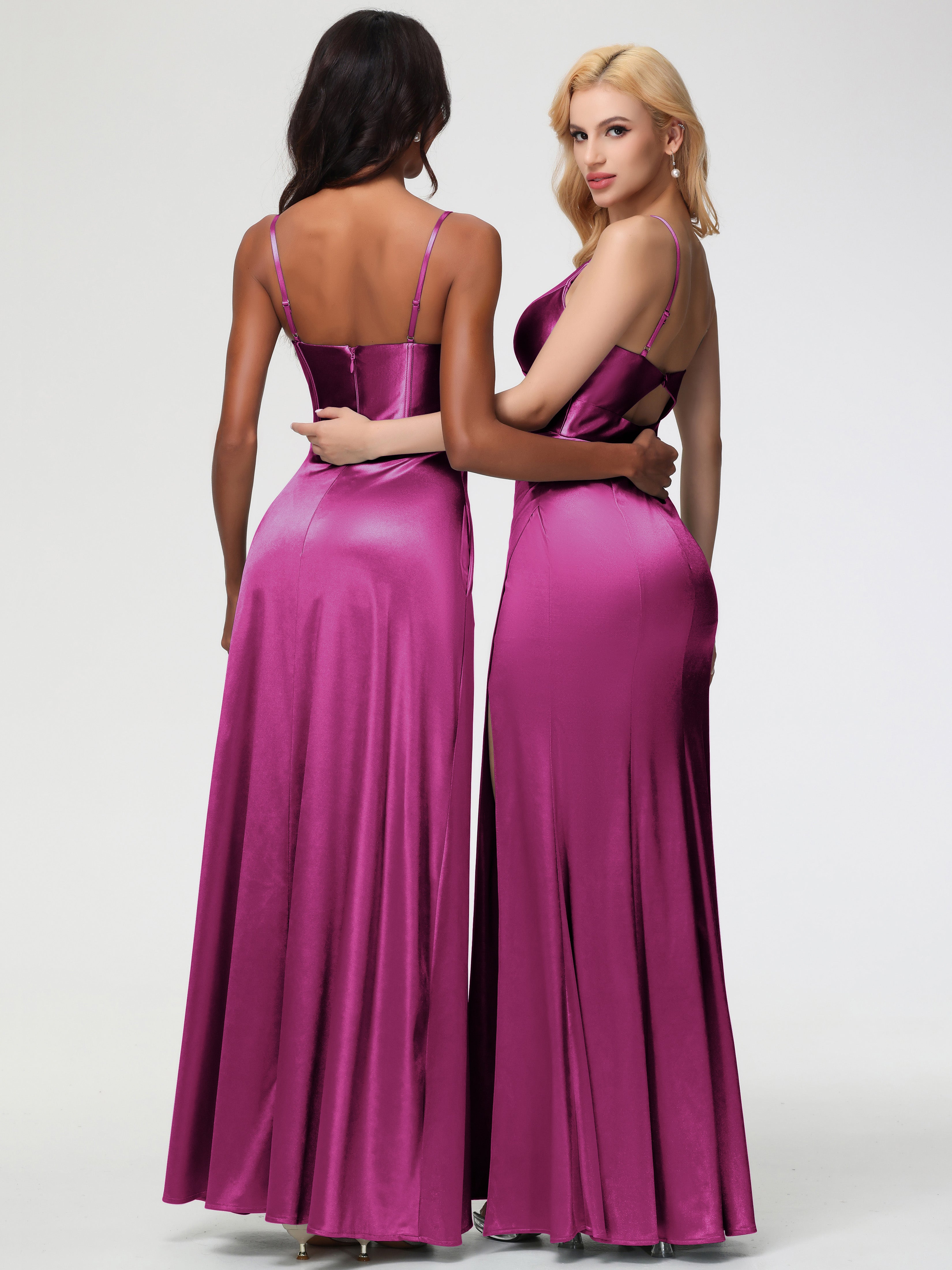 Fuchsia Formal Dresses Spaghetti Straps V-Neck Sheath Stretch Satin Formal Dress With Split