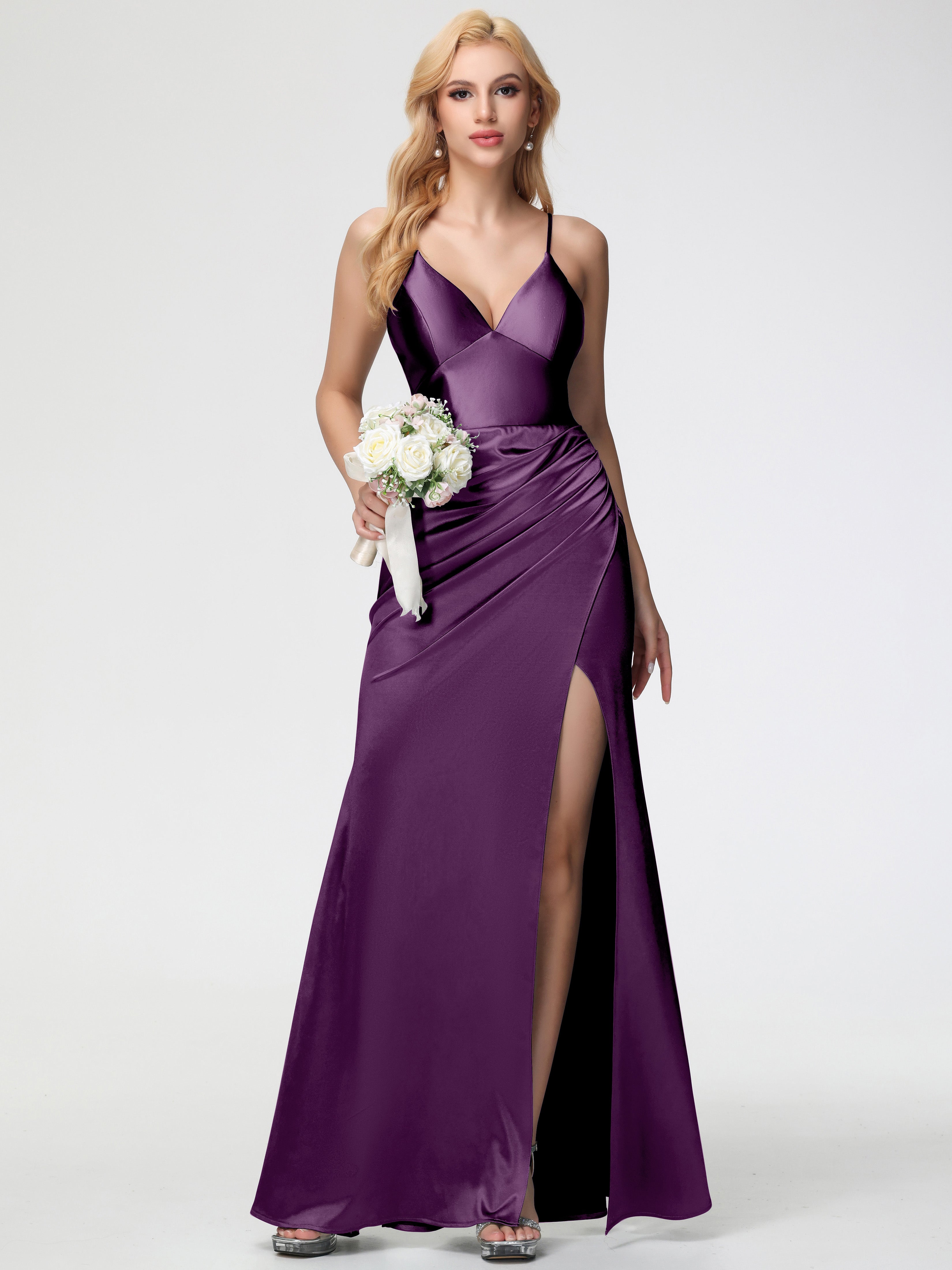 Grape Formal Dress Spaghetti Straps V-Neck Sheath Stretch Satin Formal Dress With Split
