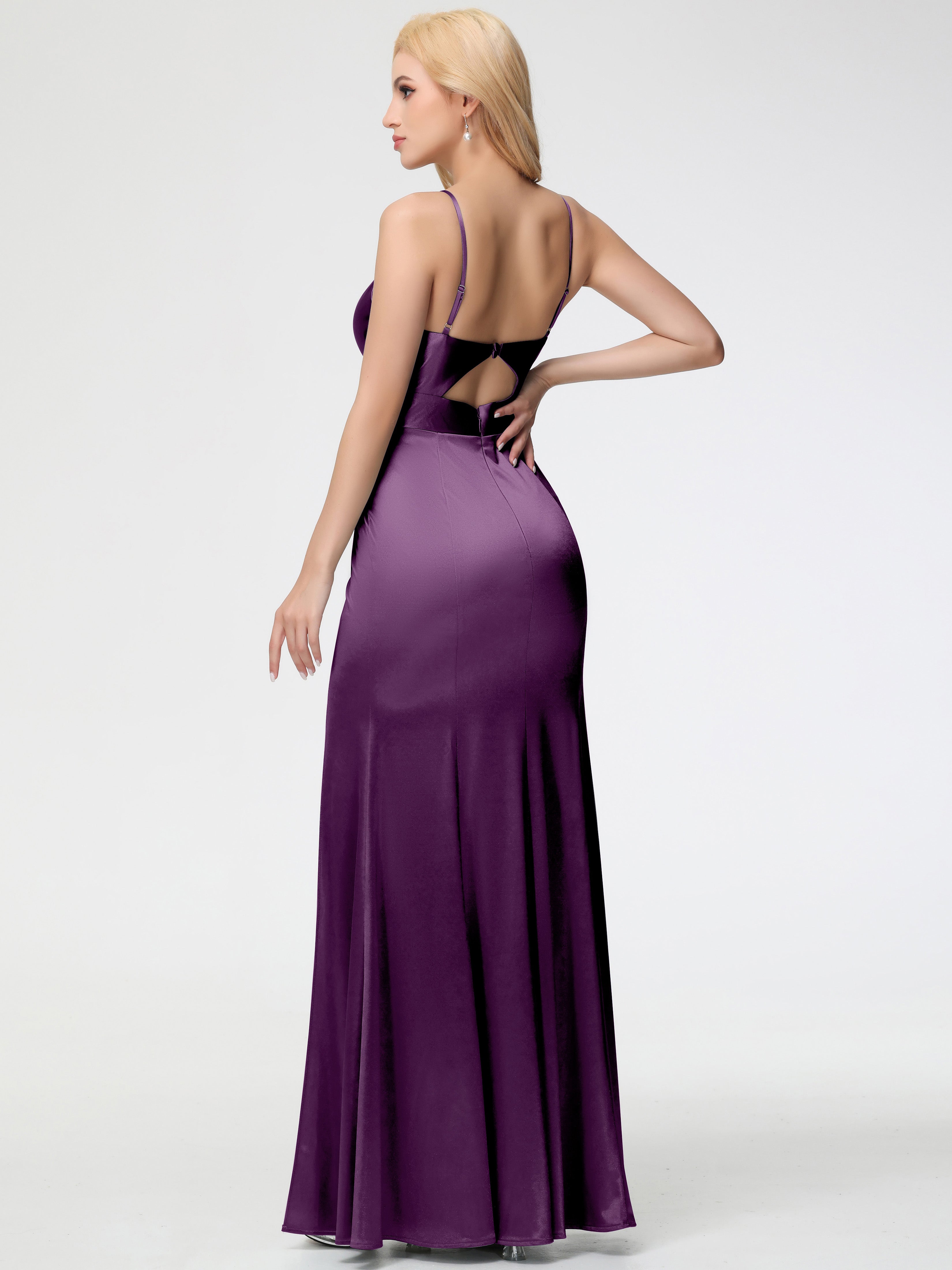 Grape Formal Dress Spaghetti Straps V-Neck Sheath Stretch Satin Formal Dress With Split