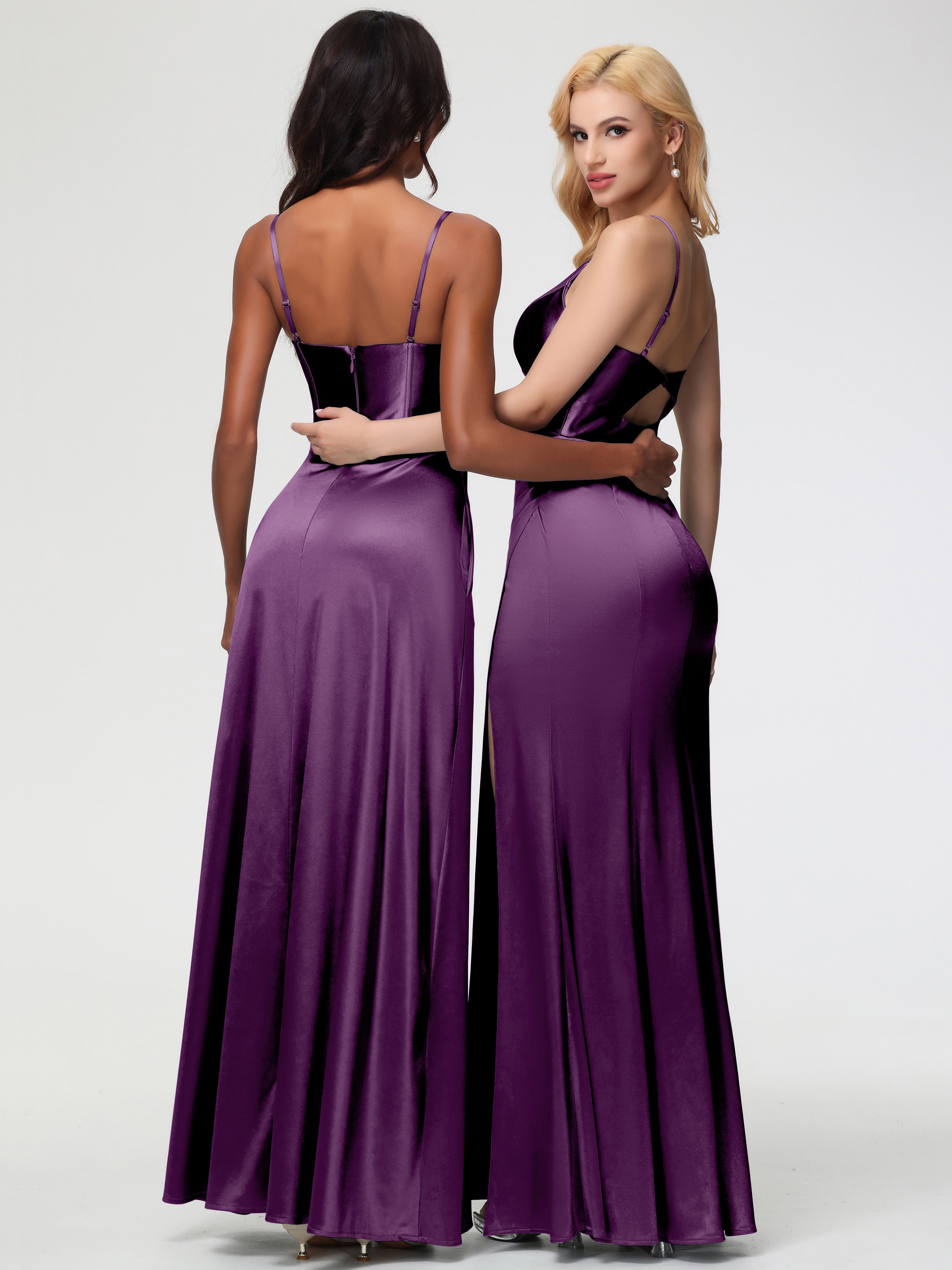 Grape Formal Dress Spaghetti Straps V-Neck Sheath Stretch Satin Formal Dress With Split