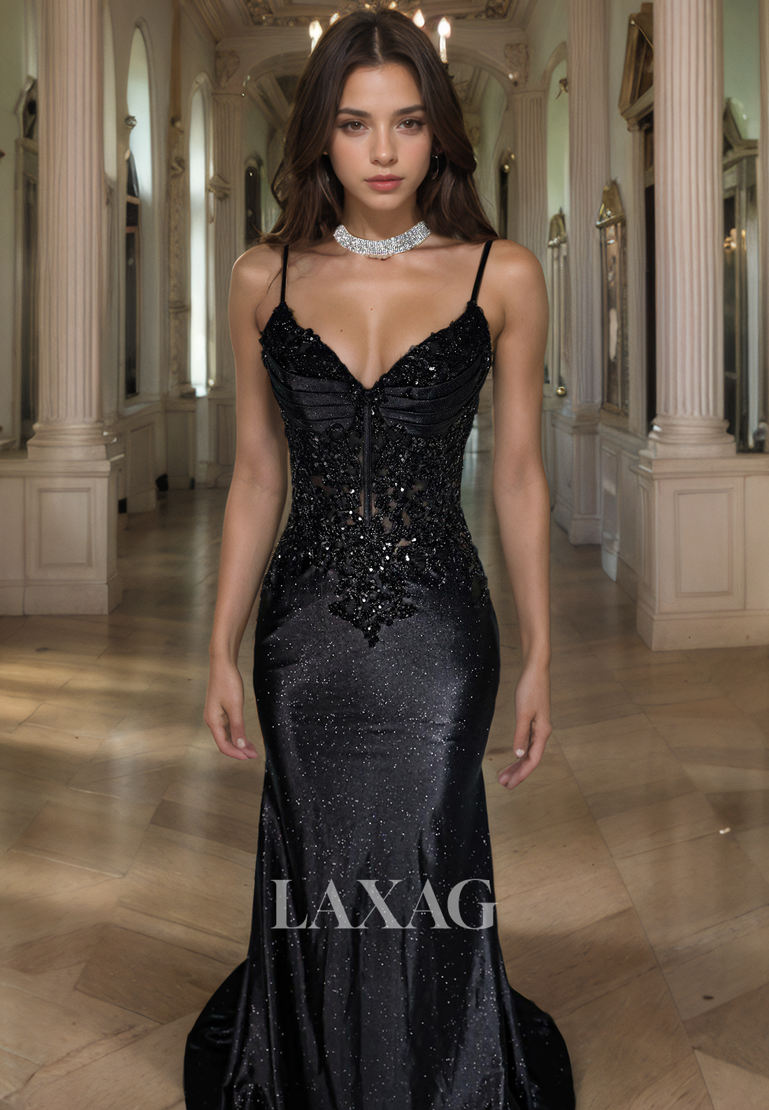 Beaded Glitter-Knit Mermaid Prom Dress V-Neck Sleeveless Spaghetti Straps Party Gowns with Sweep Train