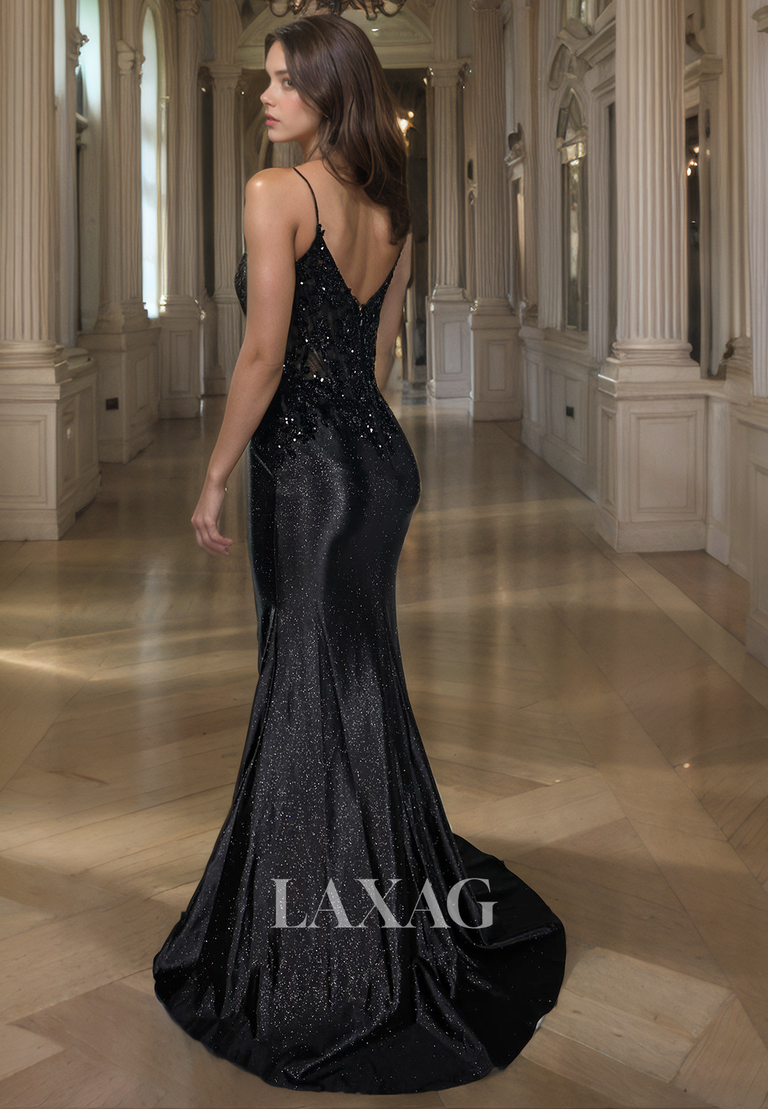 Beaded Glitter-Knit Mermaid Prom Dress V-Neck Sleeveless Spaghetti Straps Party Gowns with Sweep Train