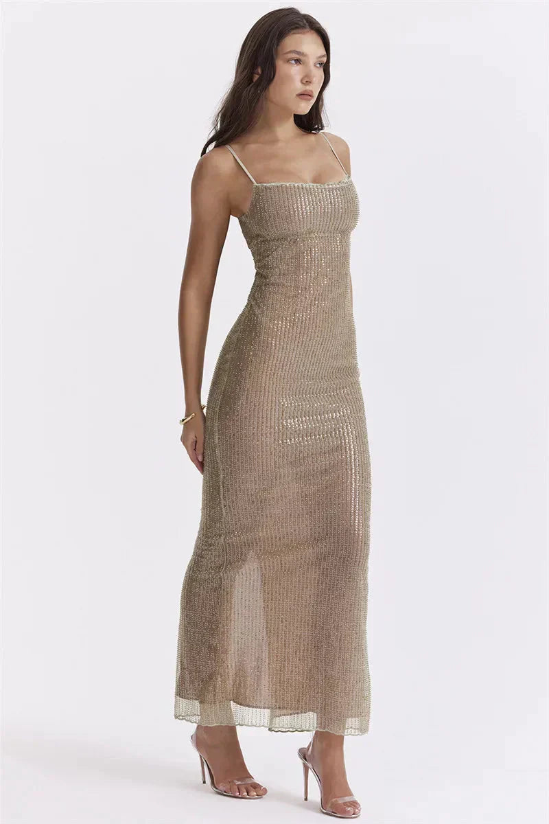 Rhinestone Mesh Spaghetti Strap Vertical Beaded Bodycon Maxi Gown