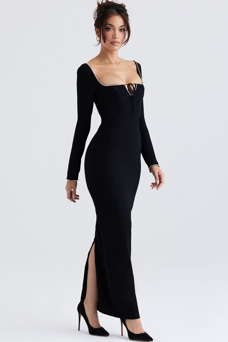 Crystal Trim Square Neck Long Sleeve Bodycon Maxi Dress