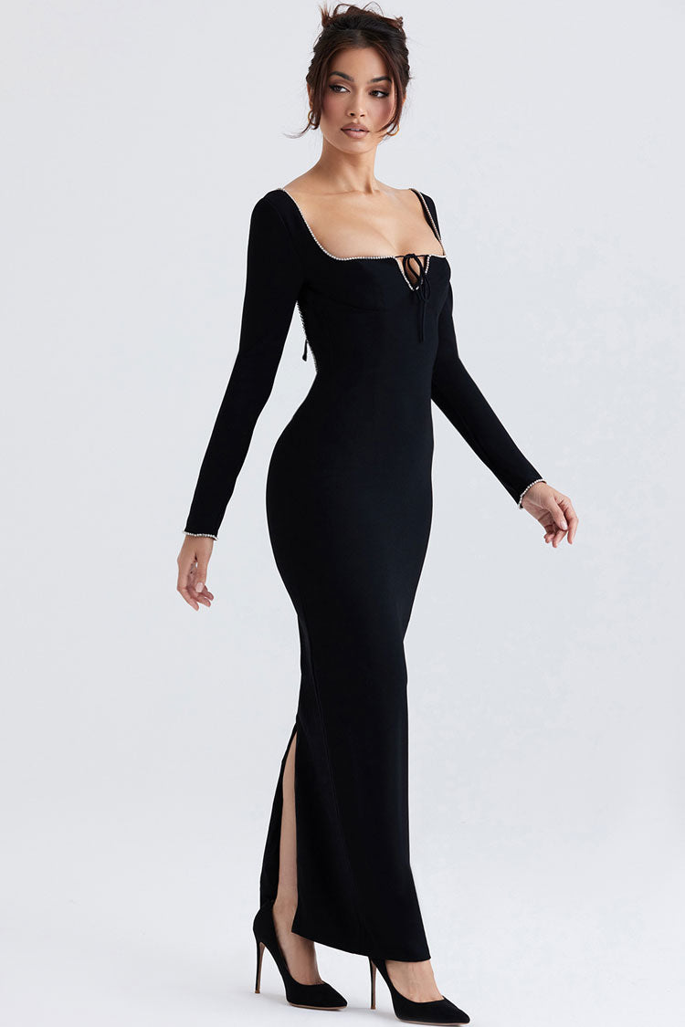 Crystal Trim Square Neck Long Sleeve Bodycon Maxi Dress