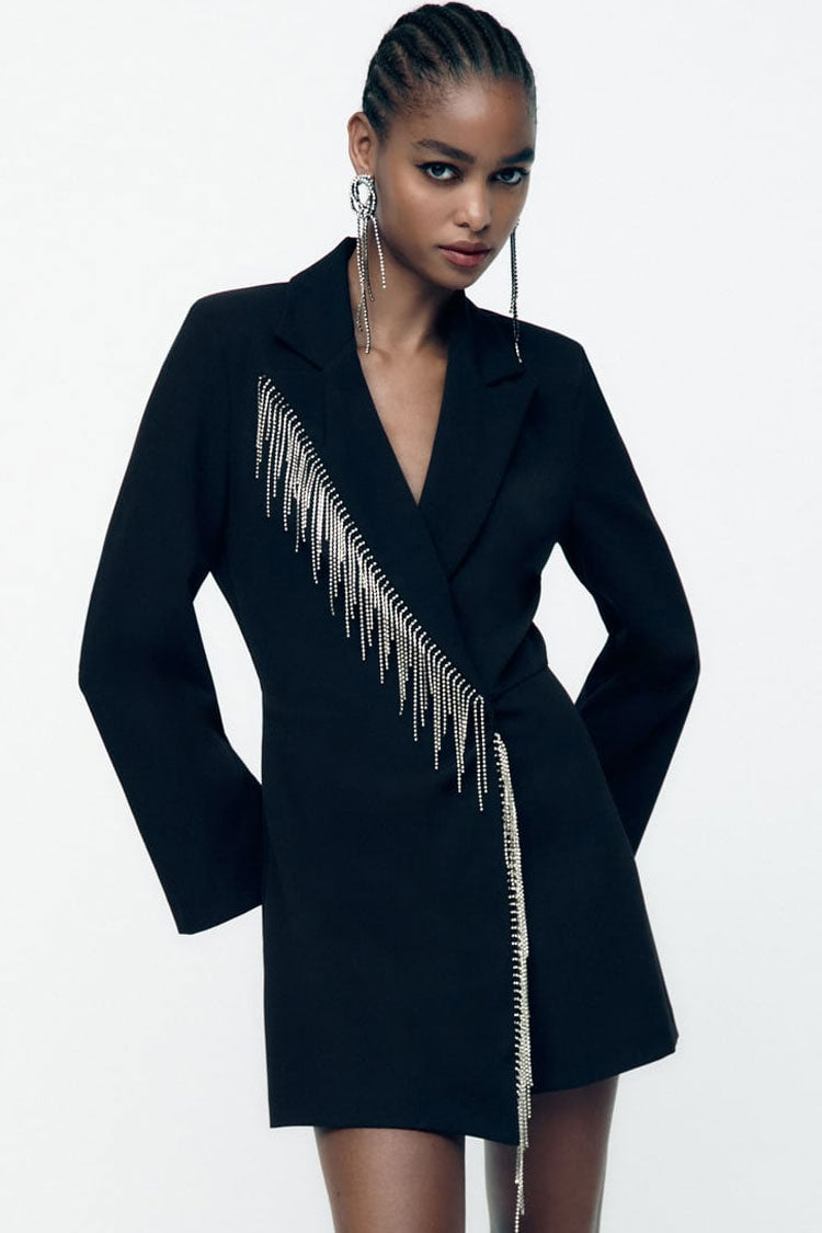 Rhinestone Fringe Trim Lapel Collar Long Sleeve Blazer Mini Dress