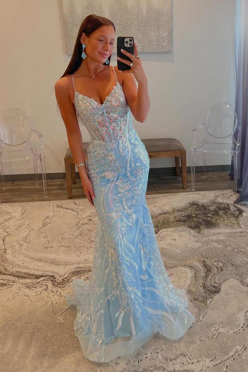Sequin Light Blue Mermaid Spaghetti Straps Sweep Train Prom Dress