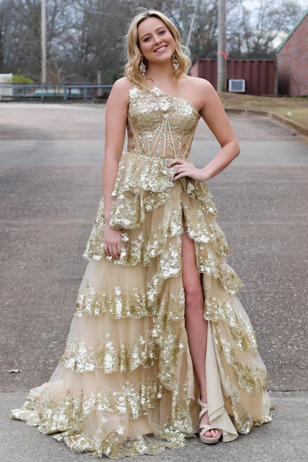 Sparkly Navy One Shoulder A-Line Sweep Train Tiered Prom Dress with Split