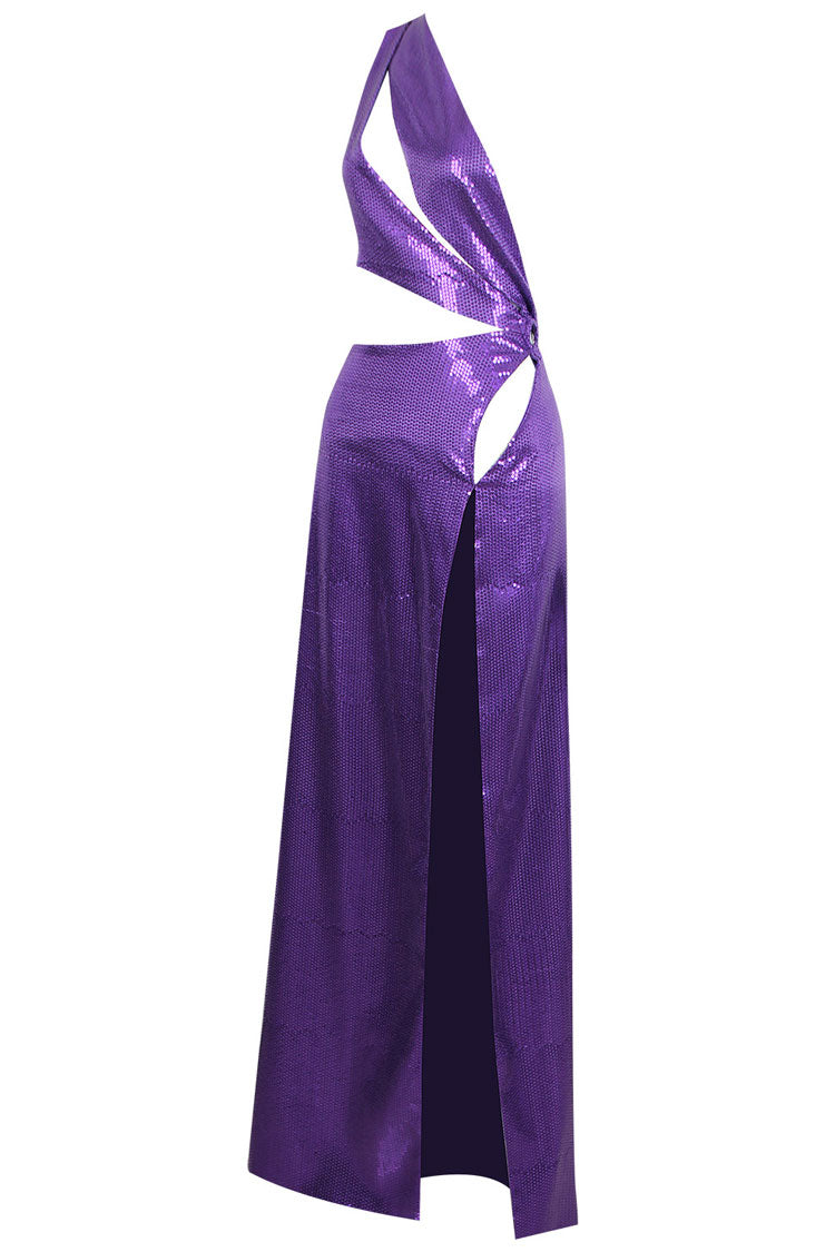 Sequin Halter Neck Plunge Cut Out High Split Maxi Dress