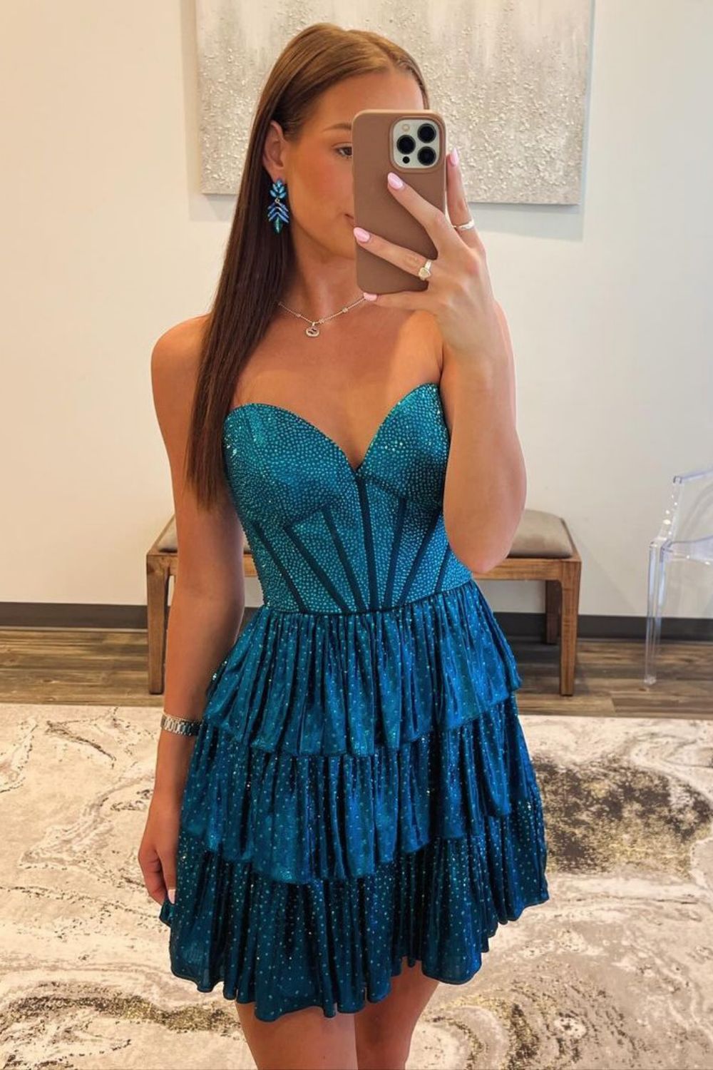 Gorgeous A-Line Sweetheart Short Tiered Beaded Homecoming Dress