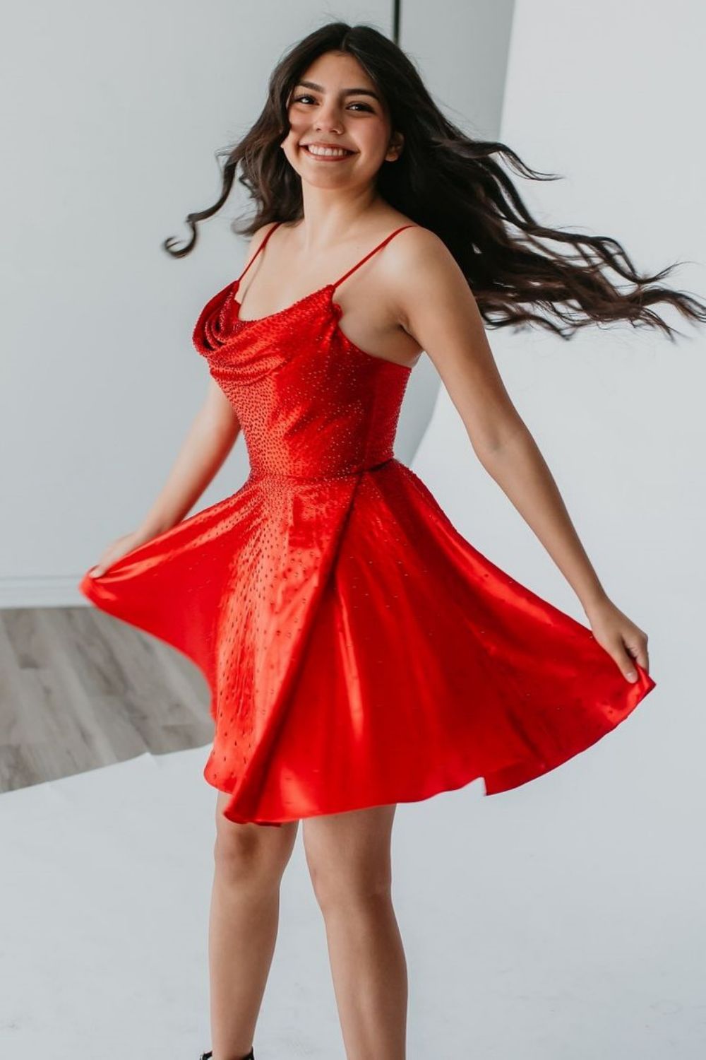 Sparkly Red A-Line Spaghetti Straps Short Beaded Homecoming Dress