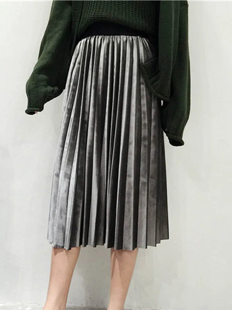 Velvet Knife Pleat High Waist A-Line Midi Skirt