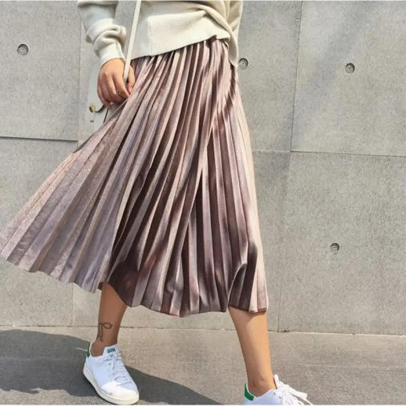 Velvet Knife Pleat High Waist A-Line Midi Skirt