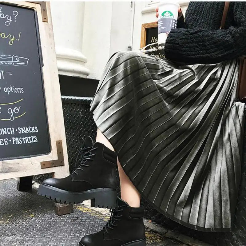 Velvet Knife Pleat High Waist A-Line Midi Skirt