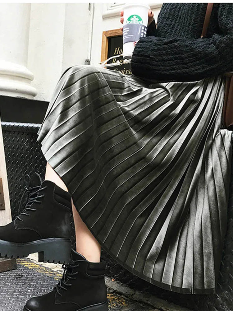 Velvet Knife Pleat High Waist A-Line Midi Skirt