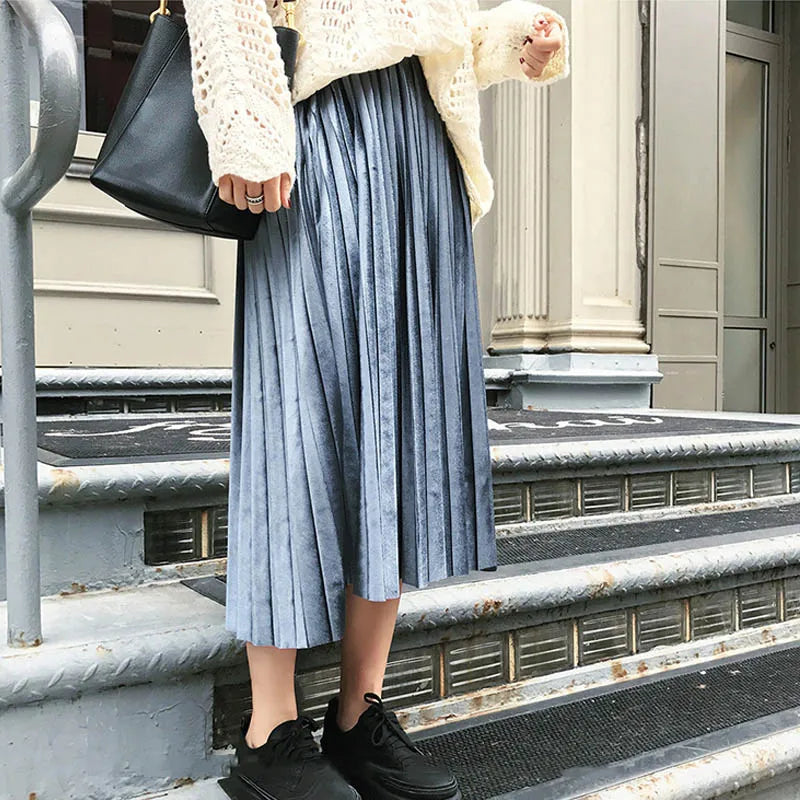 Velvet Knife Pleat High Waist A-Line Midi Skirt