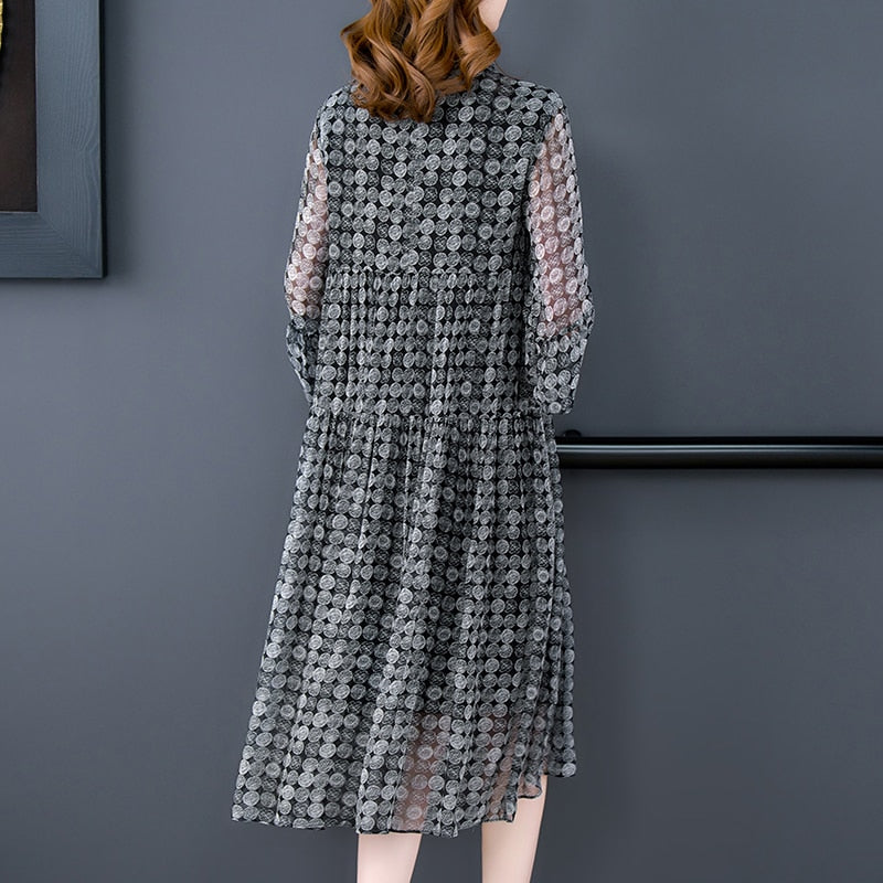 Chiffon Geometric Circle Print Tiered Ruffle Mock Neck Three Quarter Sleeve Midi Dress