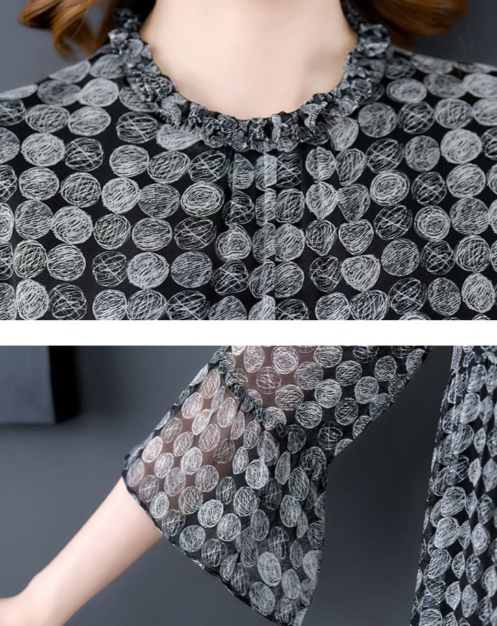 Chiffon Geometric Circle Print Tiered Ruffle Mock Neck Three Quarter Sleeve Midi Dress