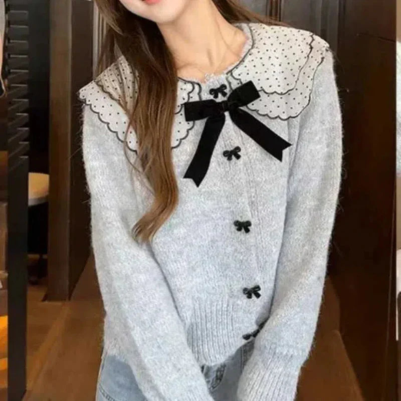 Polka Dot Mesh Ruffle Collar Bow Button Knit Cardigan 3