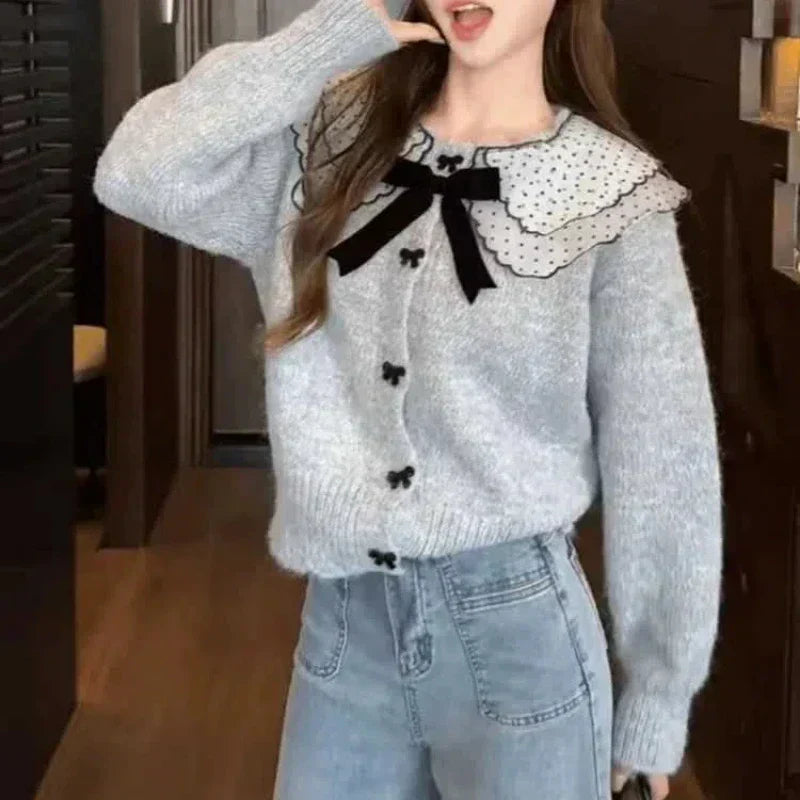 Polka Dot Mesh Ruffle Collar Bow Button Knit Cardigan 2