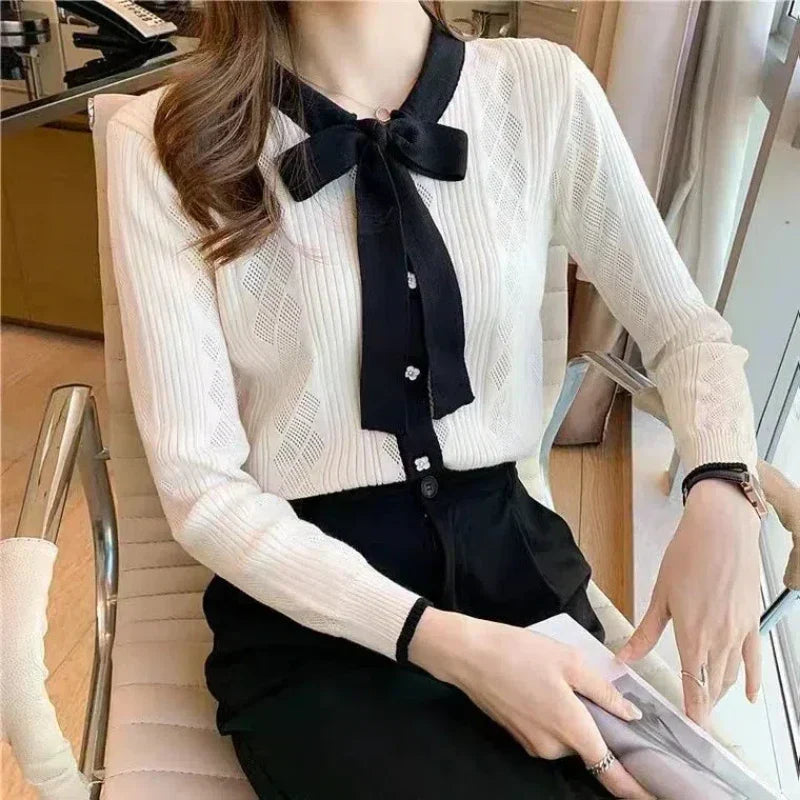 Contrast Bow Tie Neck Pointelle Ribbed Knit Button Front Cardigan 2