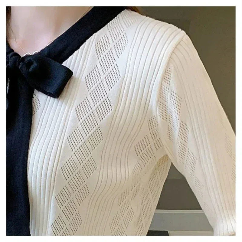Contrast Bow Tie Neck Pointelle Ribbed Knit Button Front Cardigan 4