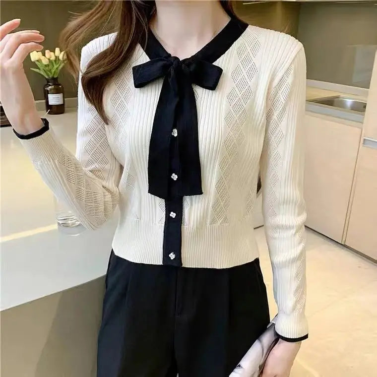 Contrast Bow Tie Neck Pointelle Ribbed Knit Button Front Cardigan 5