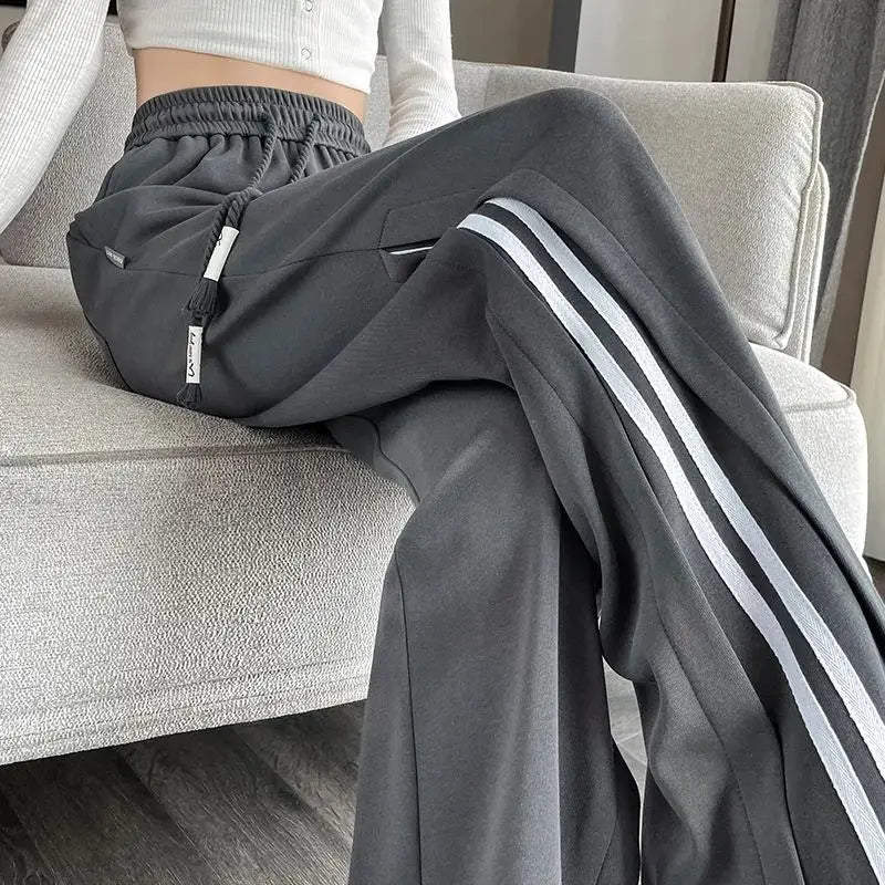Side Stripe Drawstring Elastic High Waist Wide Leg Track Pants