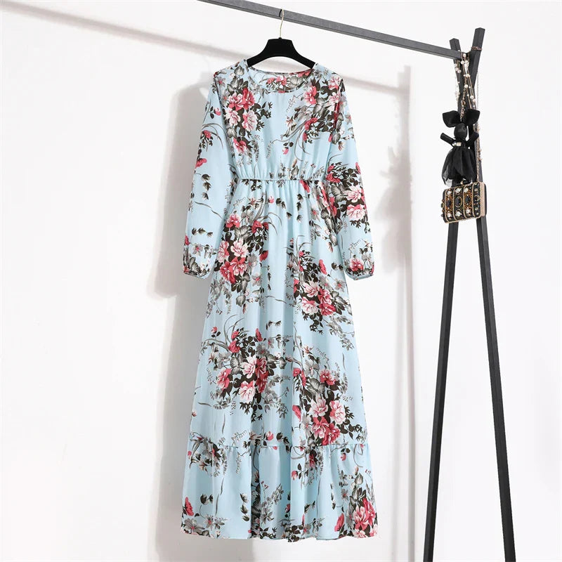 Spring Maxi Casual Full Floral Printed Oneck Woman Bohe Party Midi Dresses