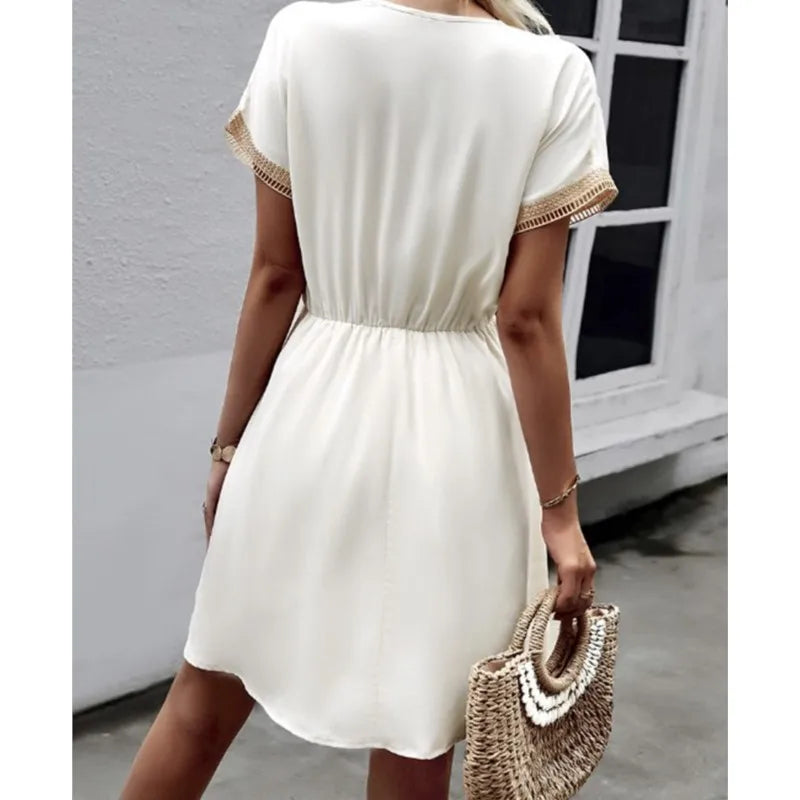 Lace V-Neck Panel Short Sleeve Midi Dress - View 2