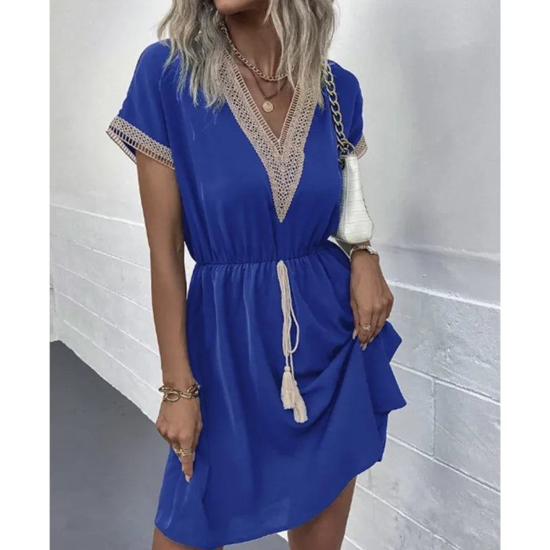 Lace V-Neck Panel Short Sleeve Midi Dress - View 4