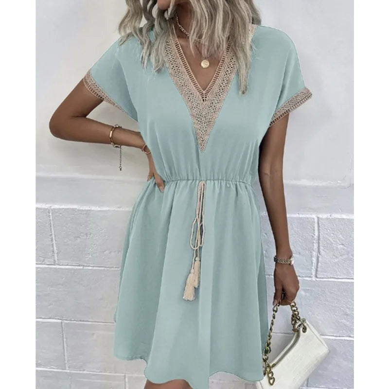 Lace V-Neck Panel Short Sleeve Midi Dress - View 6
