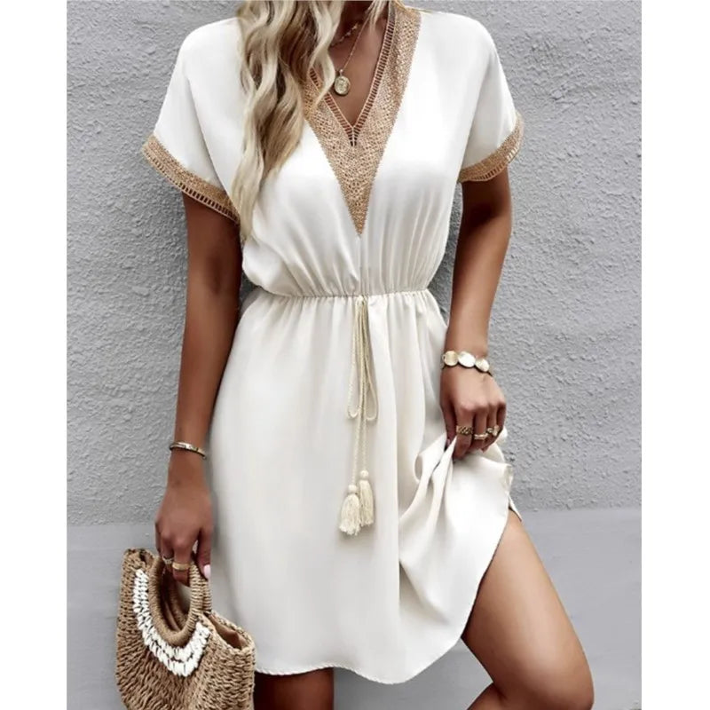 Lace VNeck Panel Short Sleeve Midi Dress