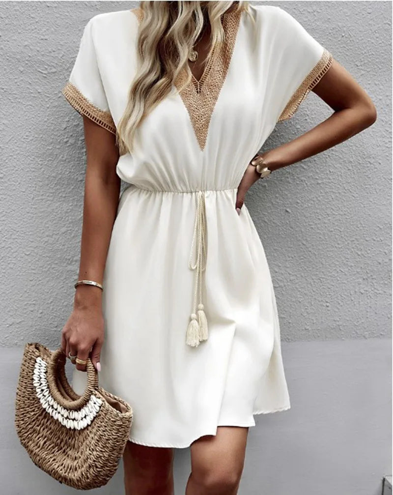 Fresh Sweet Solid Short Lace VNeck Waist Panel Skirt Midi Dresses