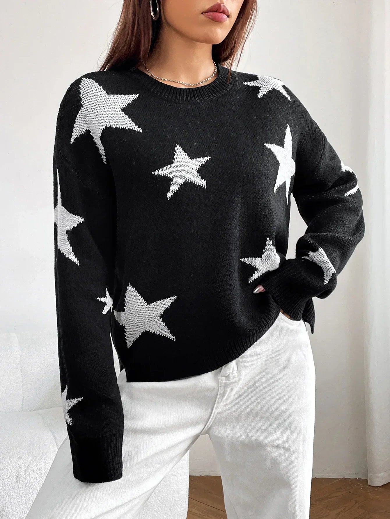 Stylish Colorful Contrast Starry Cozy Comfortable Loose Long-sleeved Warm Sweater