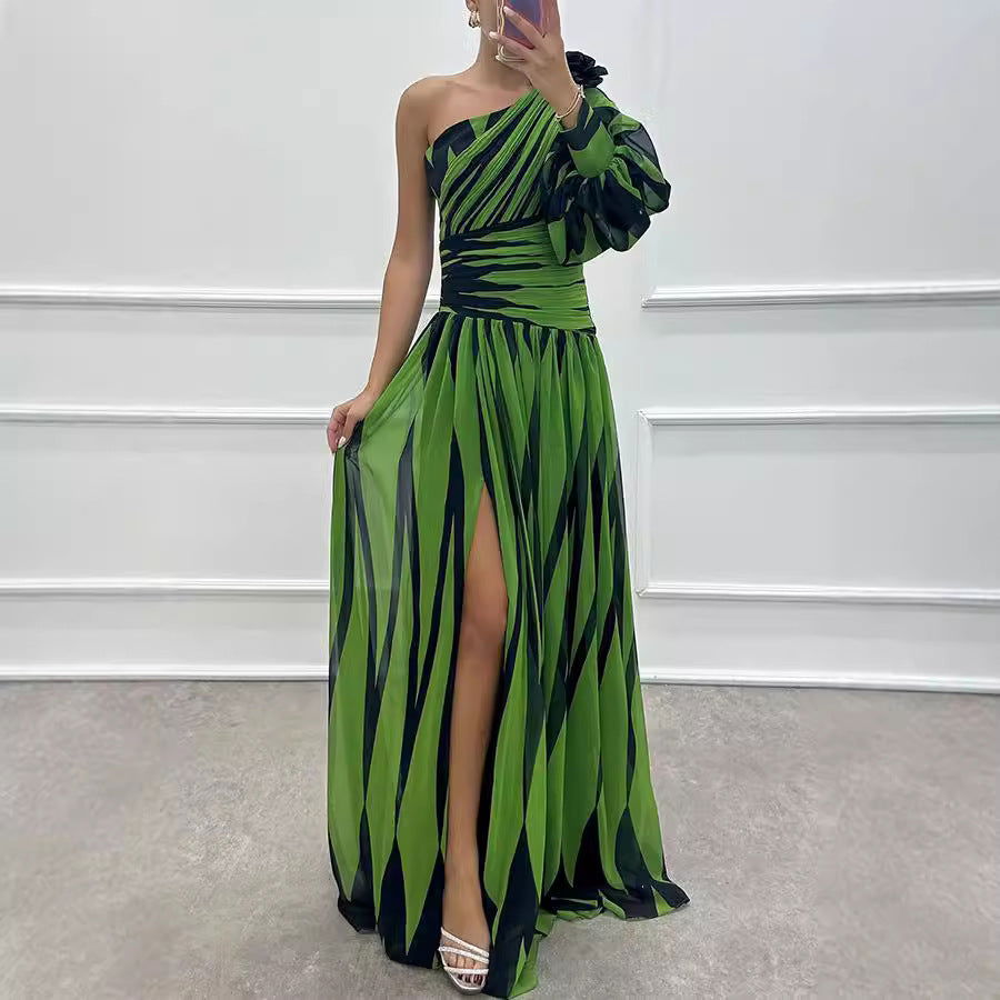 One Shoulder Bishop Sleeve Ruched Waist High Split Chiffon Maxi Dress
