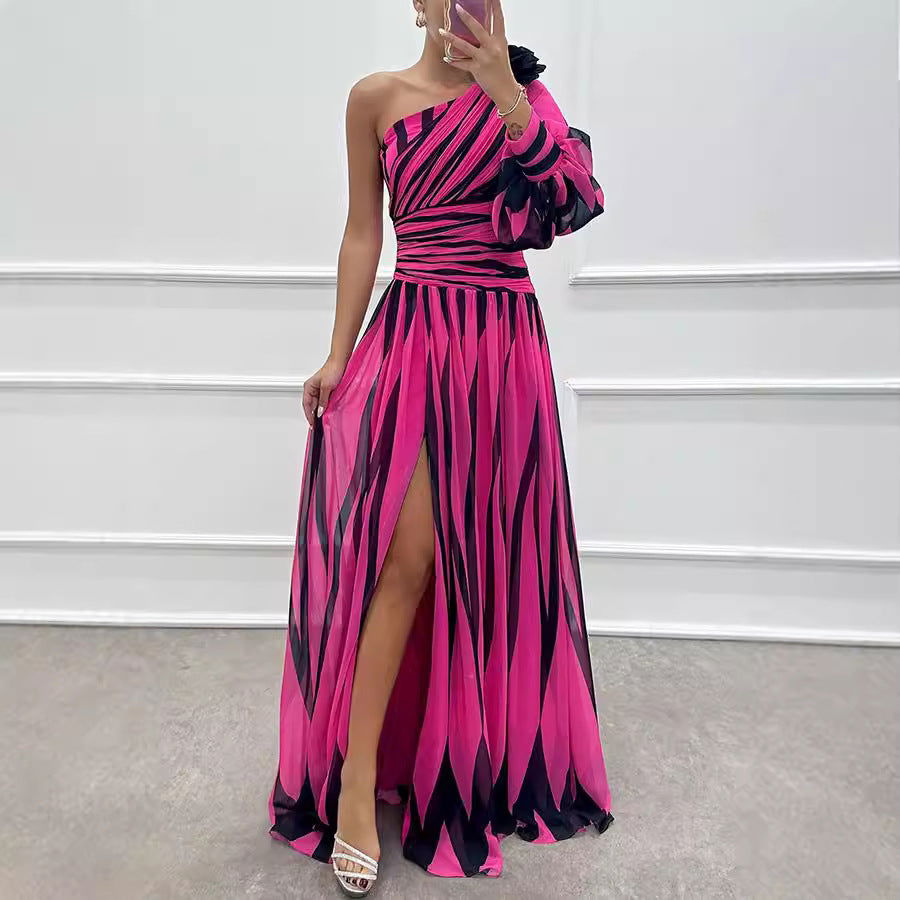 One Shoulder Bishop Sleeve Ruched Waist High Split Chiffon Maxi Dress