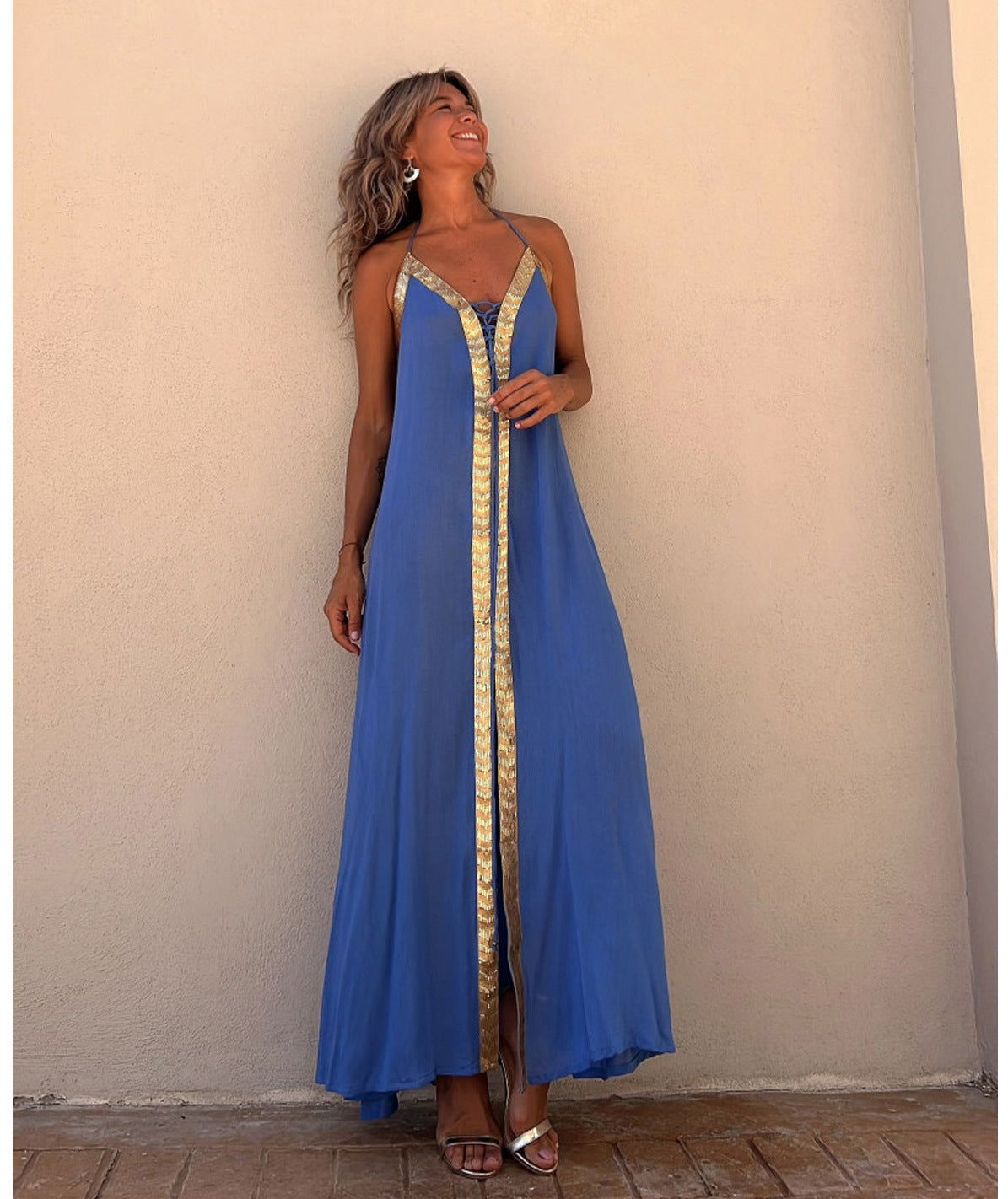 Lace up Halterneck Dress Casual Loose Vacation Large Swing Dress