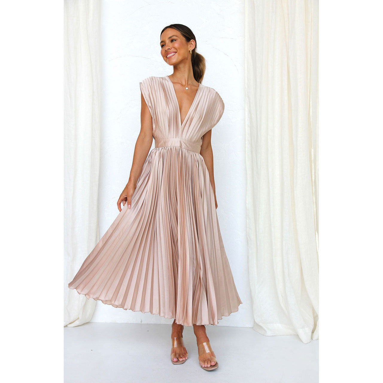 Pleated Dress Casual Loose Zip Sleeveless Dress