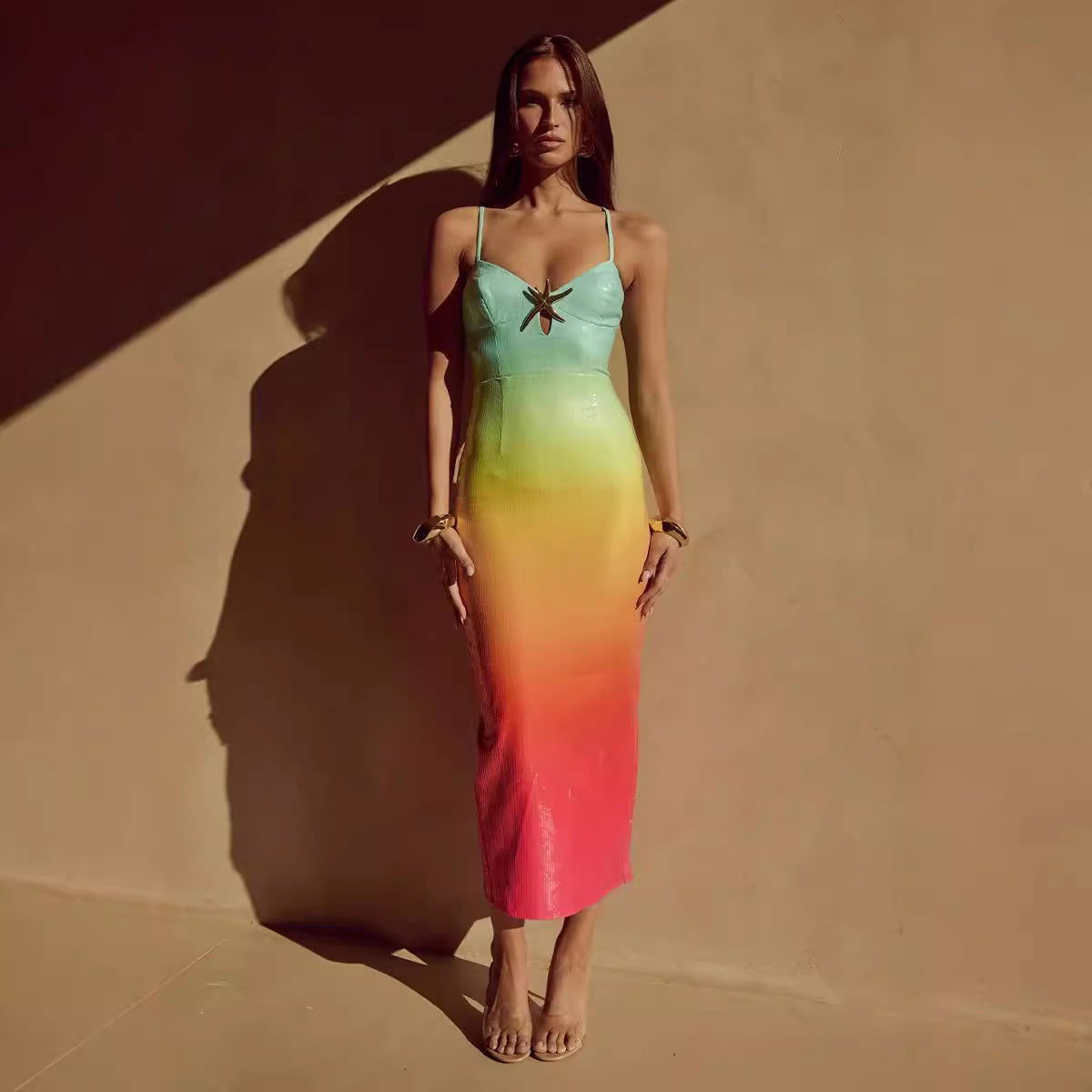 Sequin Sweetheart Cut Out Spaghetti Strap Bodycon Maxi Dress