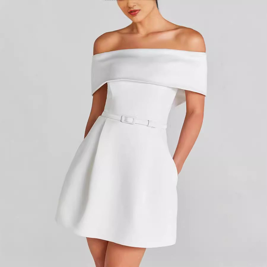 Off Shoulder Pocket Fit and Flare Mini Party Dress