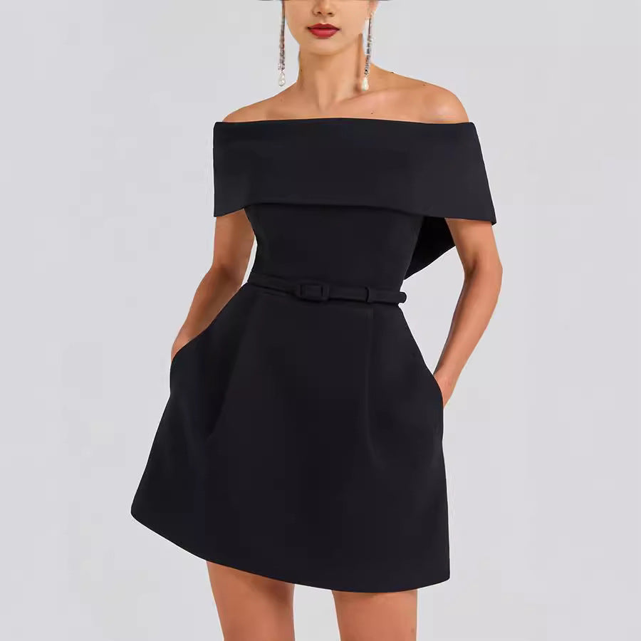 Off Shoulder Pocket Fit and Flare Mini Party Dress