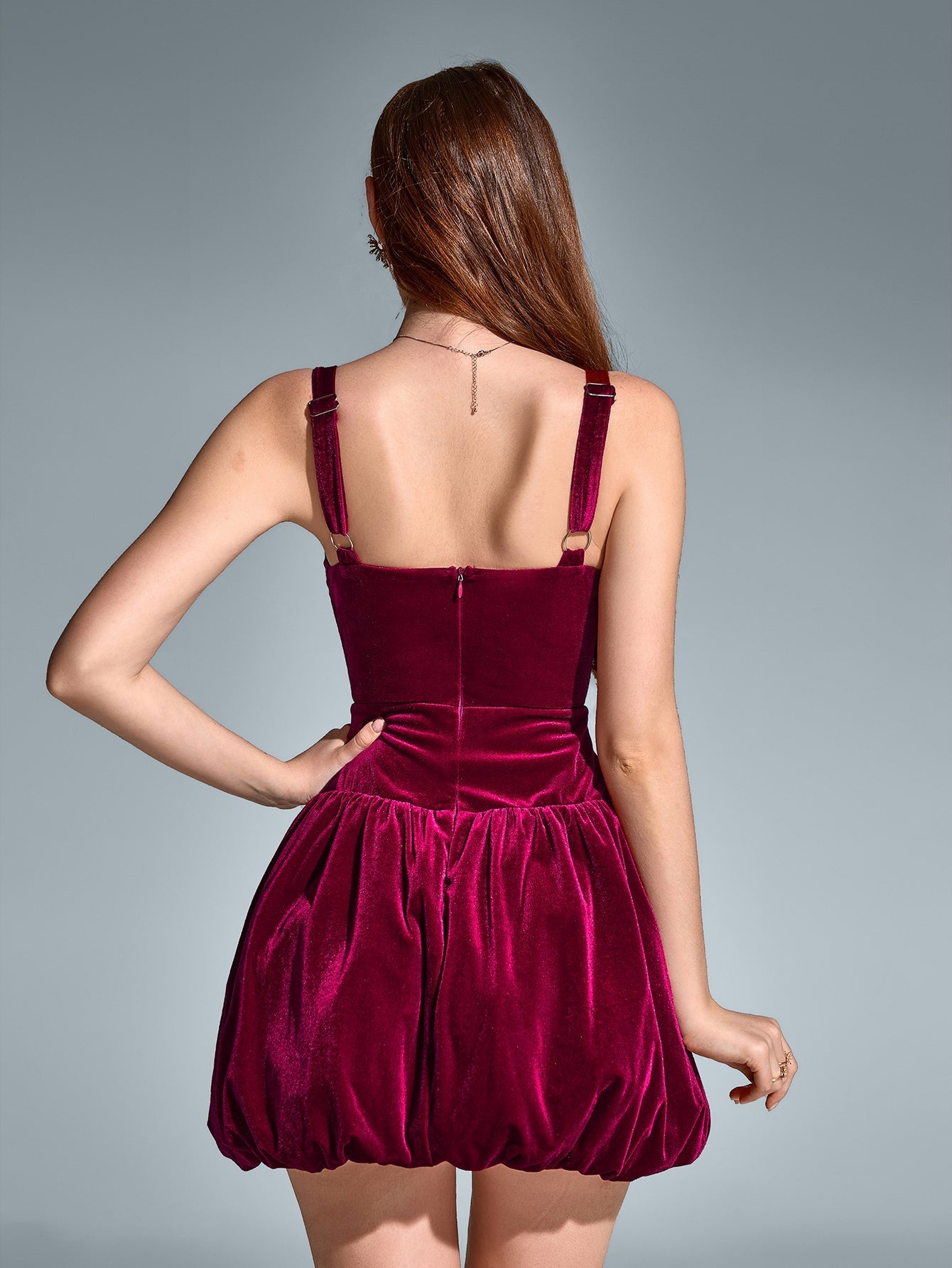 Square Neck Backless Velvet Pleated Hem Dress - View 2