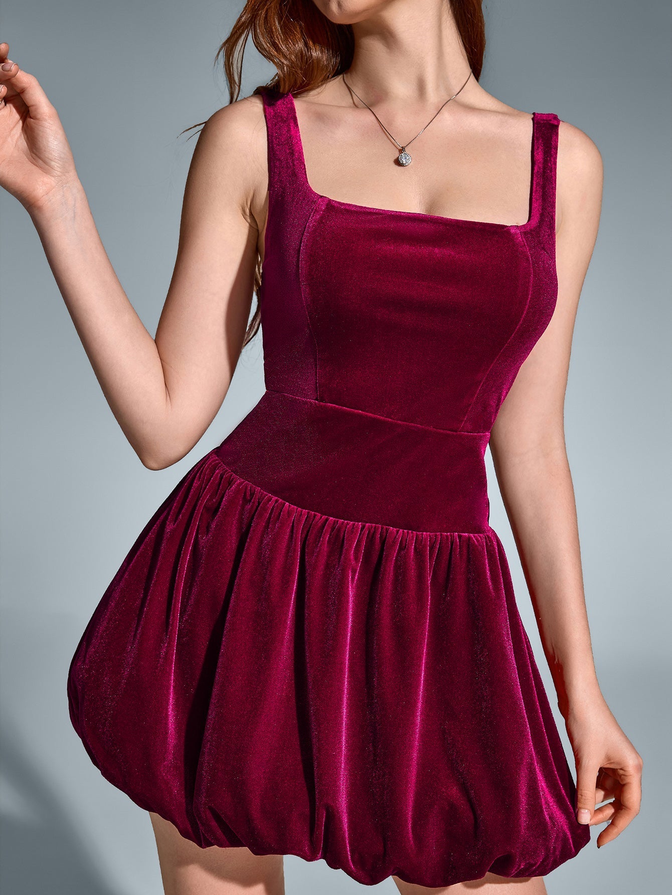Square Neck Backless Velvet Pleated Hem Dress - View 6