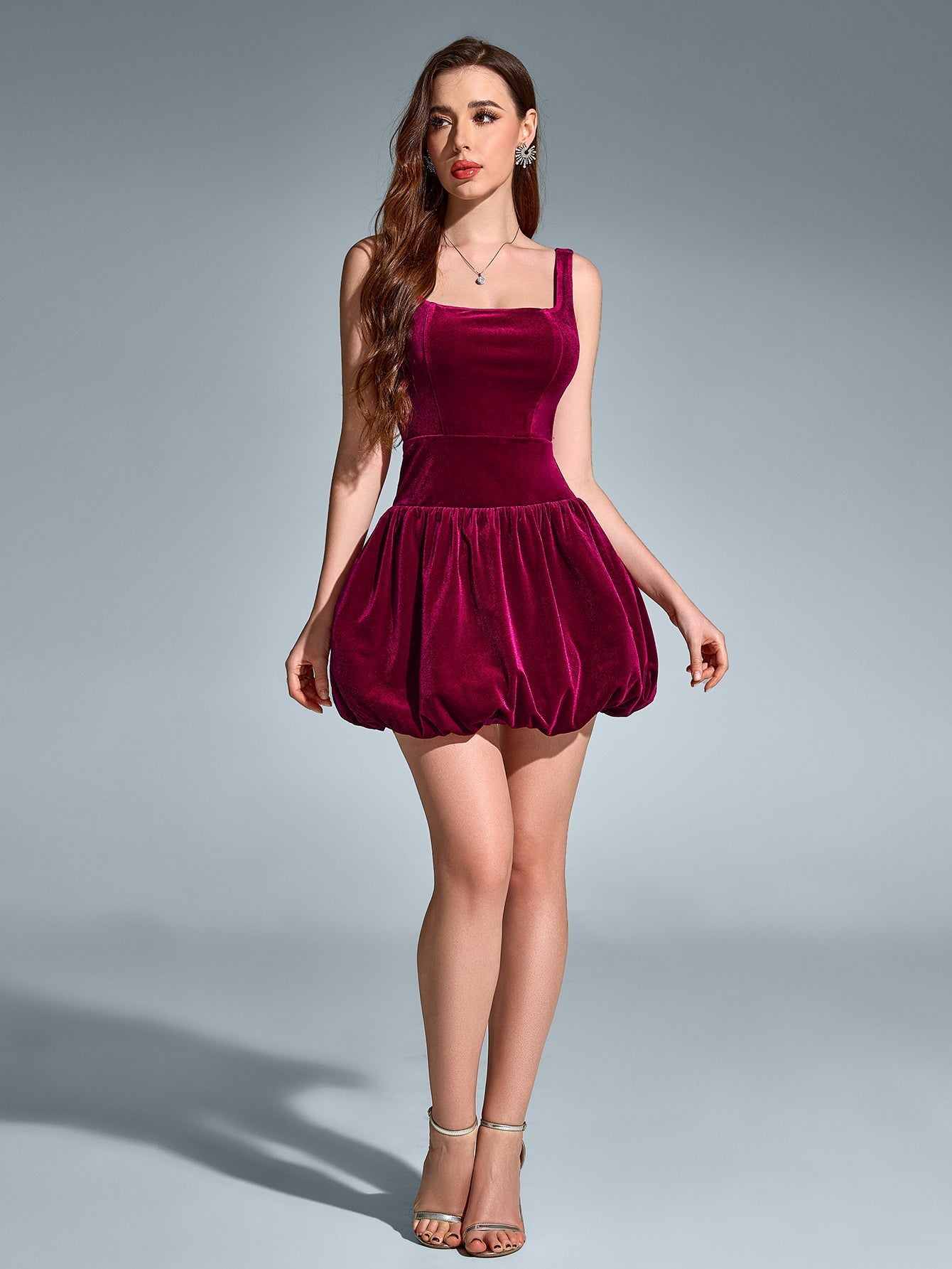 Square Neck Backless Velvet Pleated Hem Dress - View 5