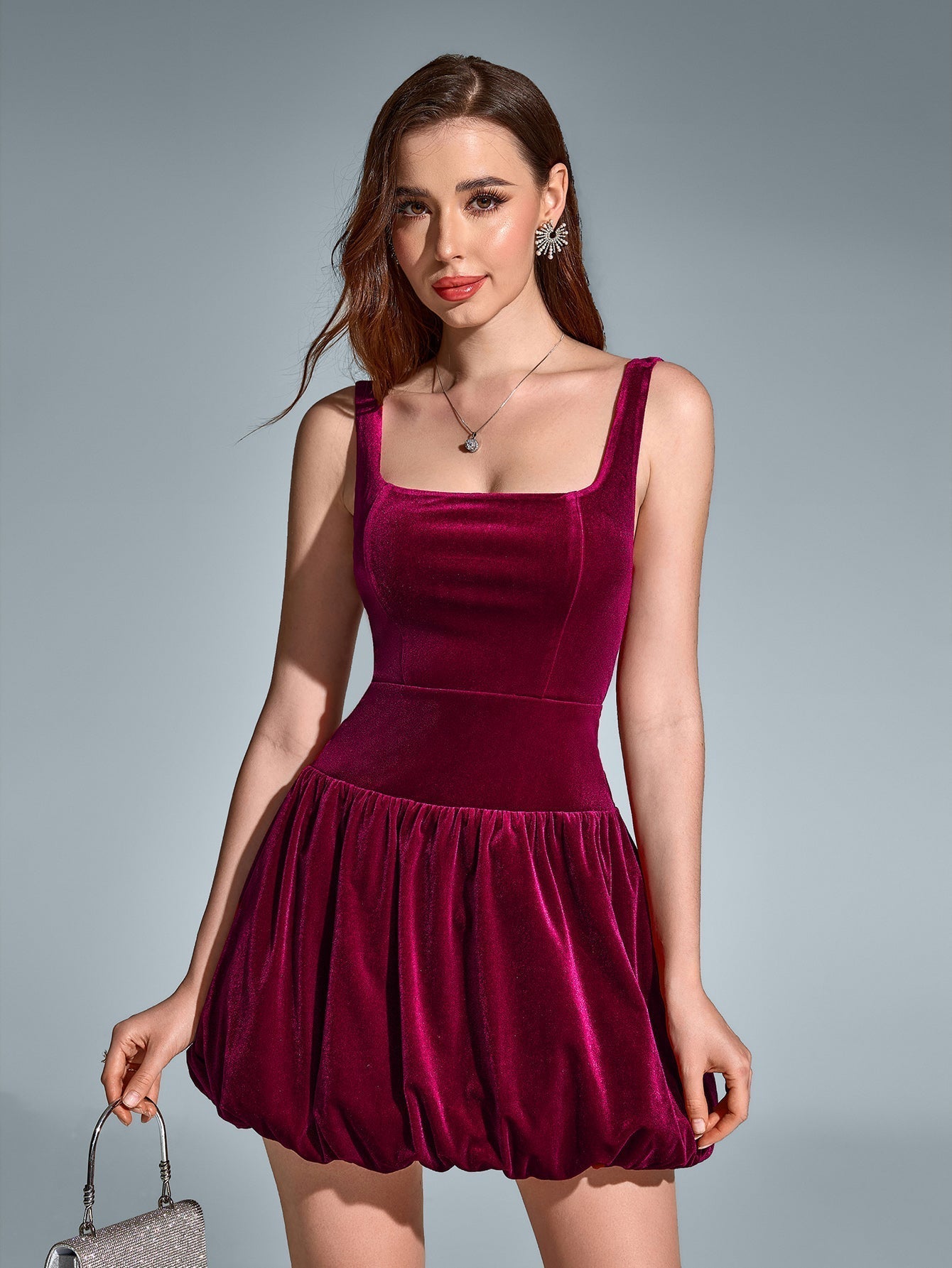 Square Neck Backless Velvet Pleated Hem Dress - View 4