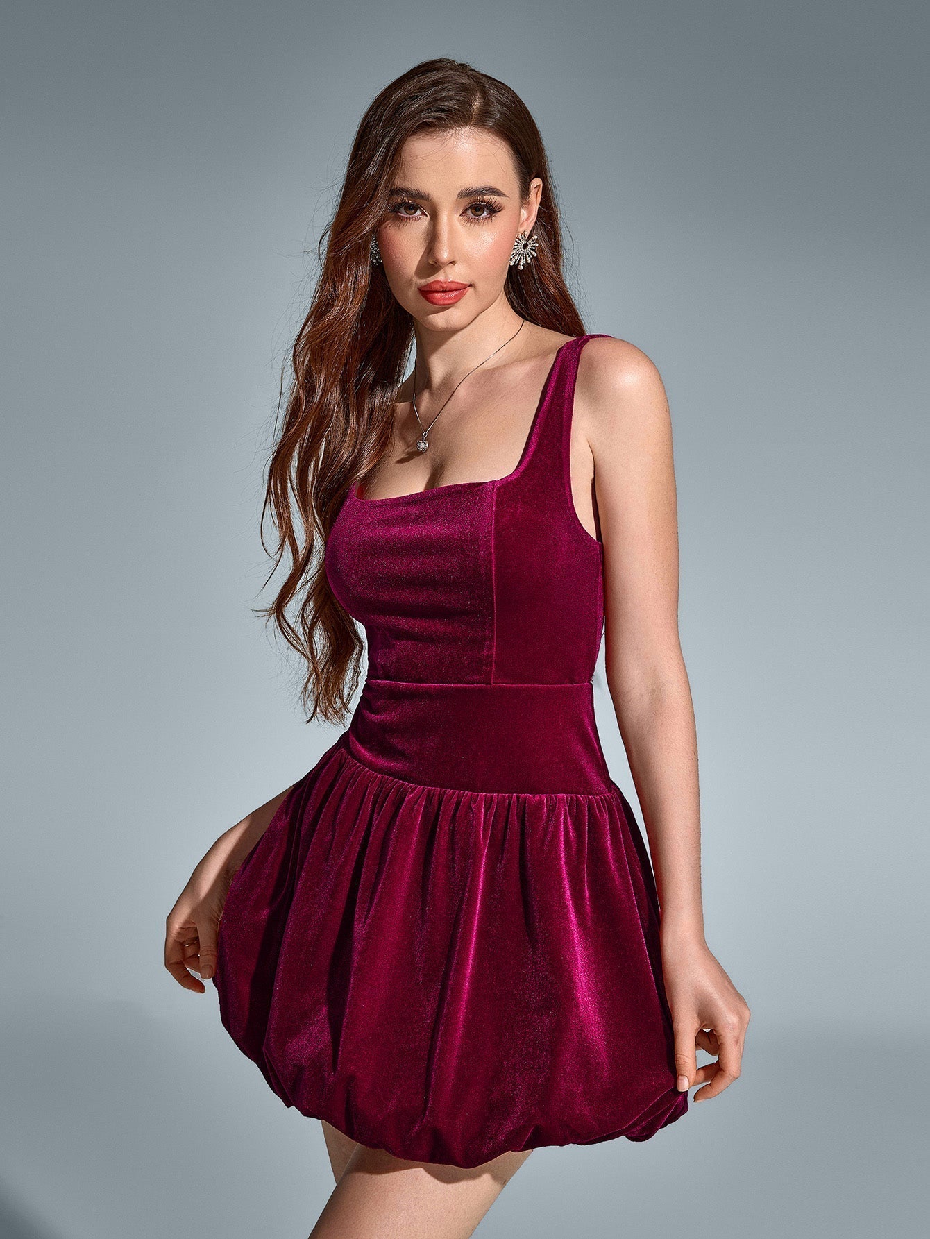 Square Neck Backless Velvet Pleated Hem Dress - View 3